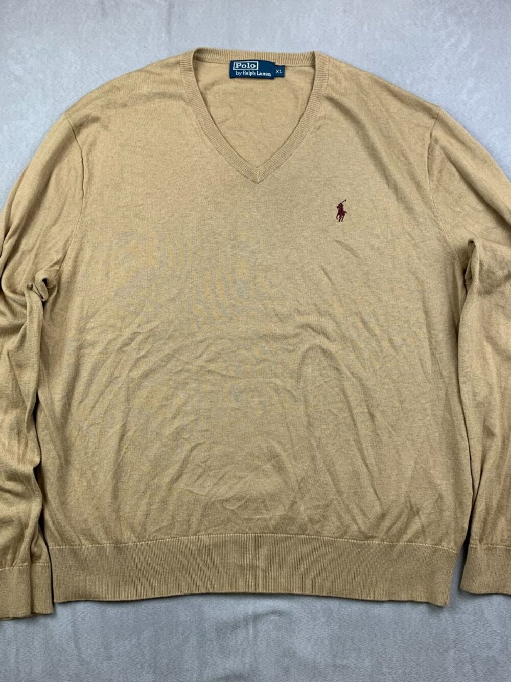 Ralph Lauren Polo Mens Sweater XL Beige Tan V-Neck Long Sleeve Cotton Cashmere